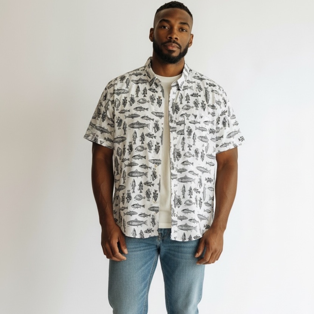 Eddie Bauer classic fit  White and black fish novelty Patterned Casual Shirt XL